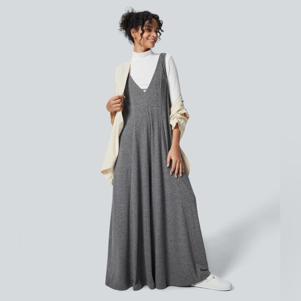 Halara Wide-Leg Heather Gray Loose Sleeveless Vneck Pocket Lounge CasualJumpsuit - Picture 4 of 8